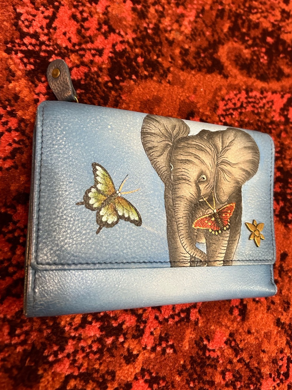 Anuschka Blue Elephant & Butterfly Compact Wallet RFID Painted Trifold
